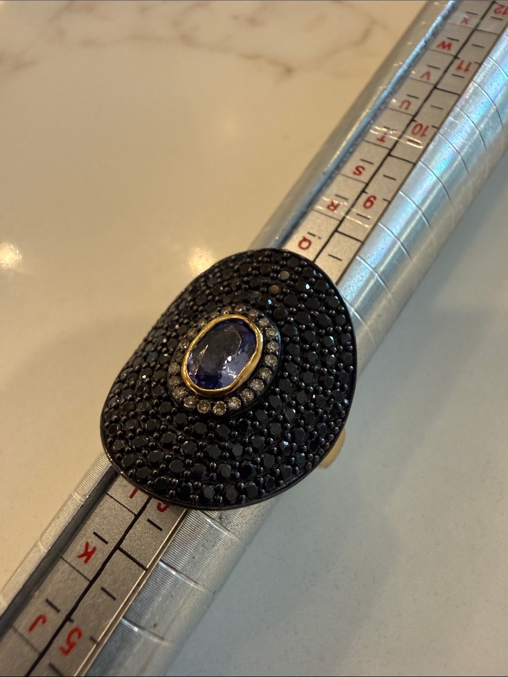 Rarities by Carol Brodie silver, black spinel and tanzanite ring, size 7